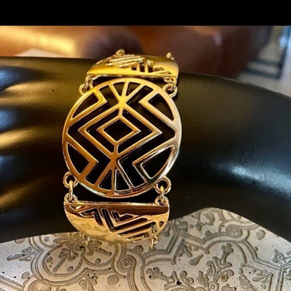 Abstract design Gold necklace & bracelet Set & 2 pairs earrings statement 80 90 - Picture 3 of 16